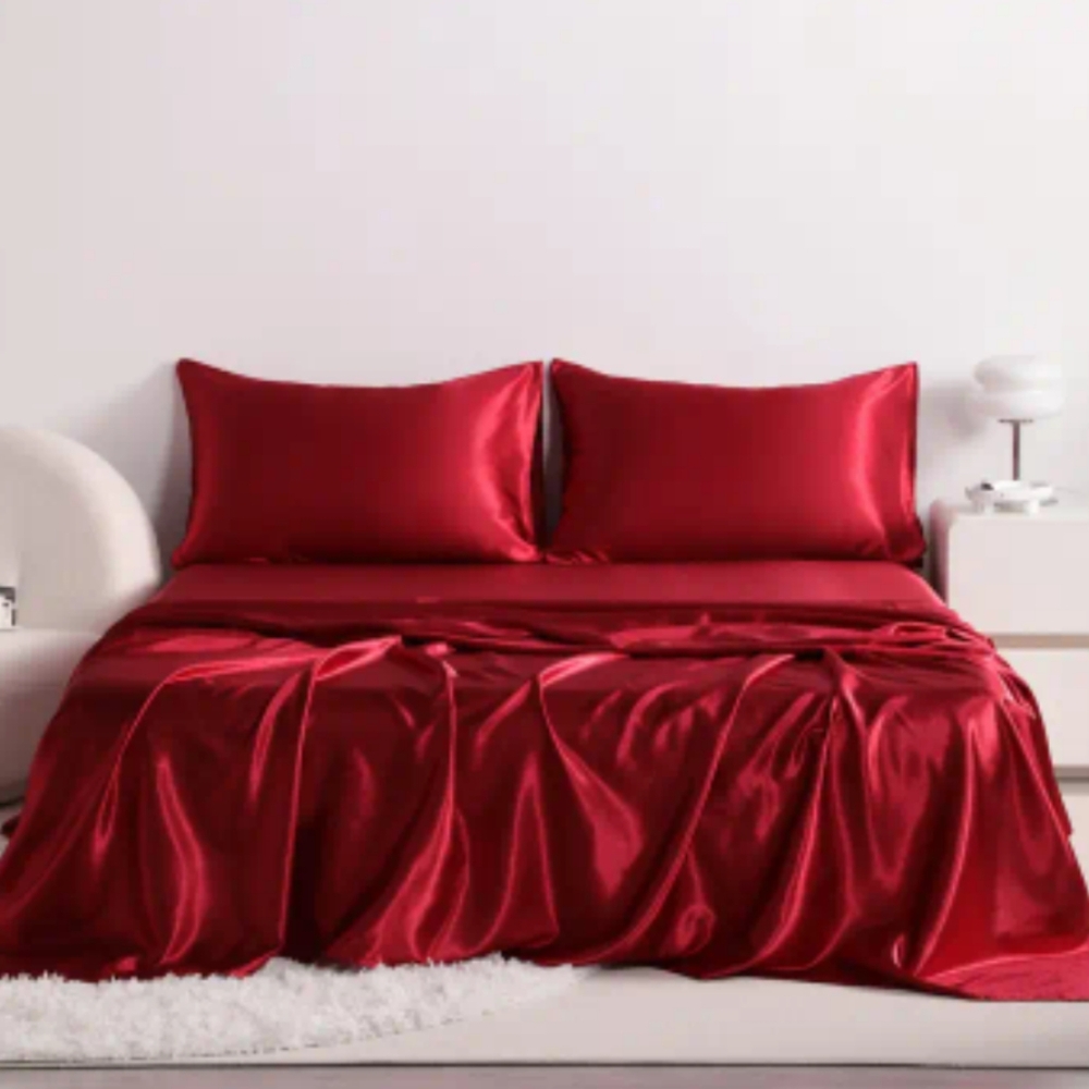 Queen Size Red Poly Satin Bedding Set